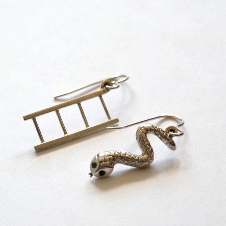 Snake and Ladder Earrings - Recycled Sterling Silver and Tsavorite Garnets
