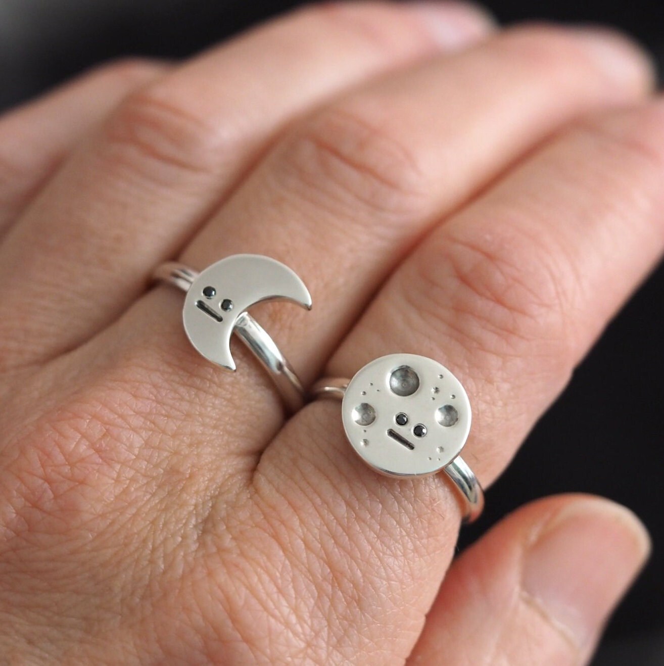 Crescent Moon Ring - Recycled Silver and Black Diamonds