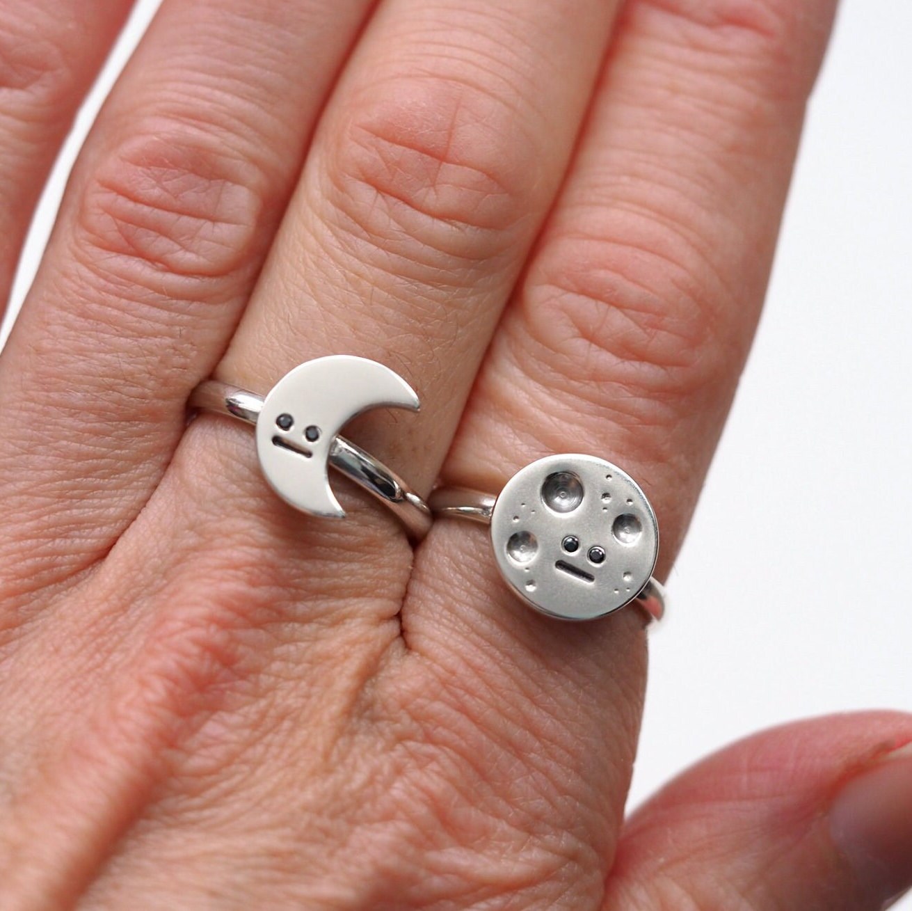Crescent Moon Ring - Recycled Silver and Black Diamonds