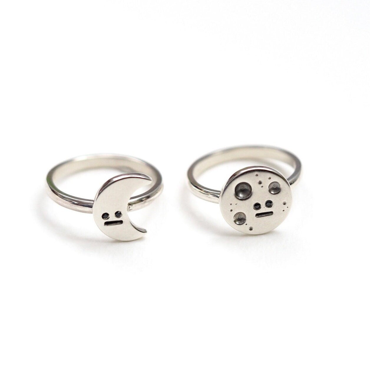 Crescent Moon Ring - Recycled Silver and Black Diamonds