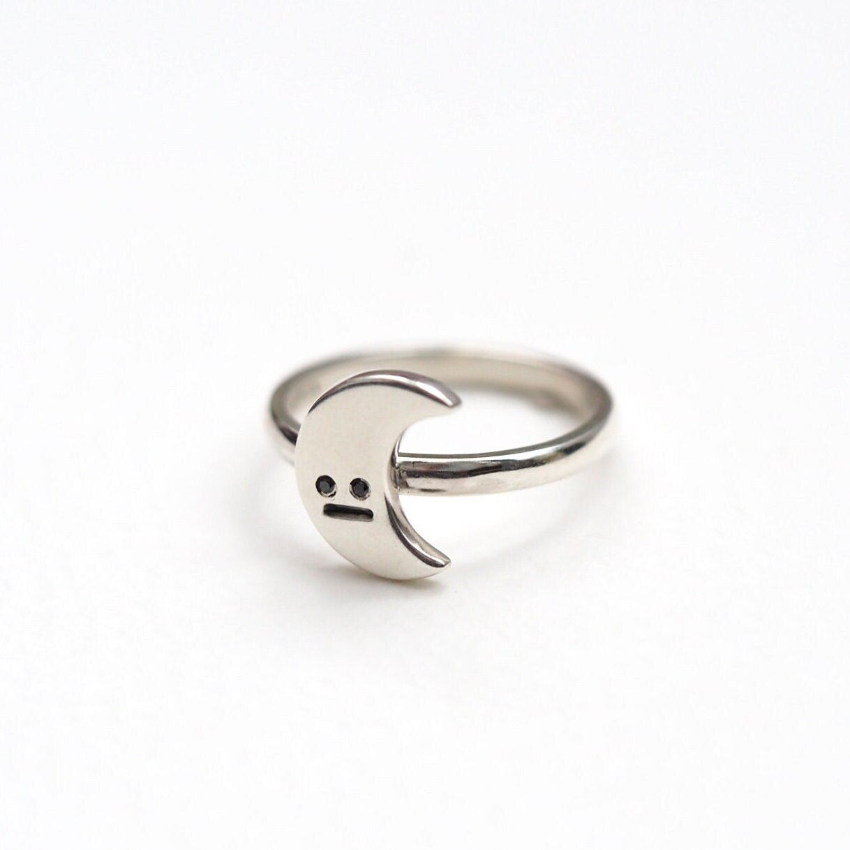 Crescent Moon Ring - Recycled Silver and Black Diamonds