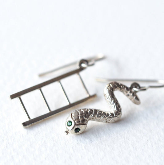 Snake and Ladder Earrings -  Recycled Sterling Silver and Tsavorite Garnets