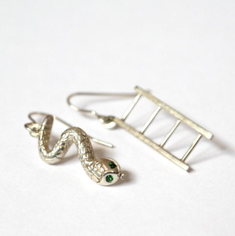 Snake and Ladder Earrings - Recycled Sterling Silver and Tsavorite Garnets