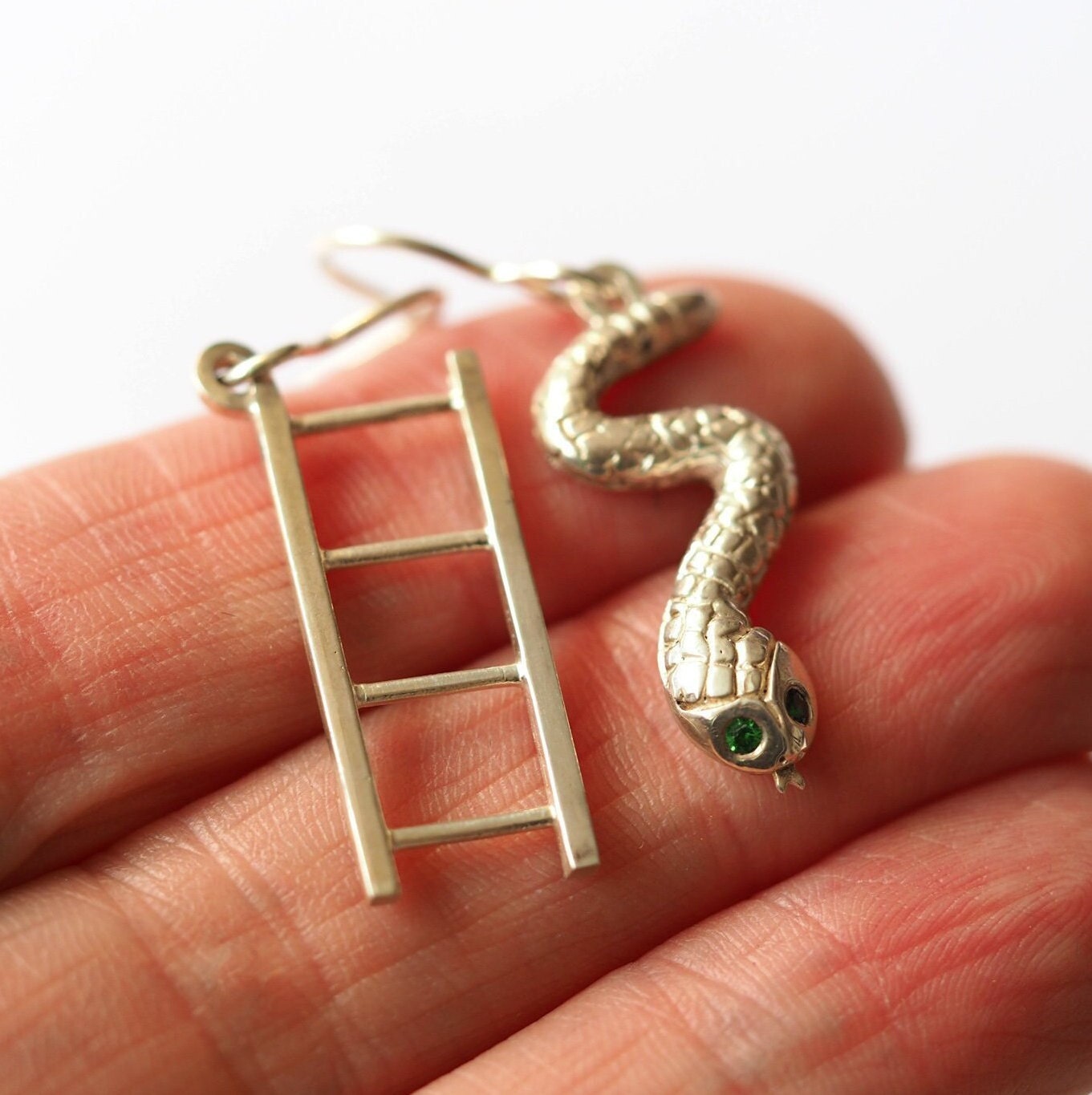 Snake and Ladder Earrings - Recycled Sterling Silver and Tsavorite Garnets