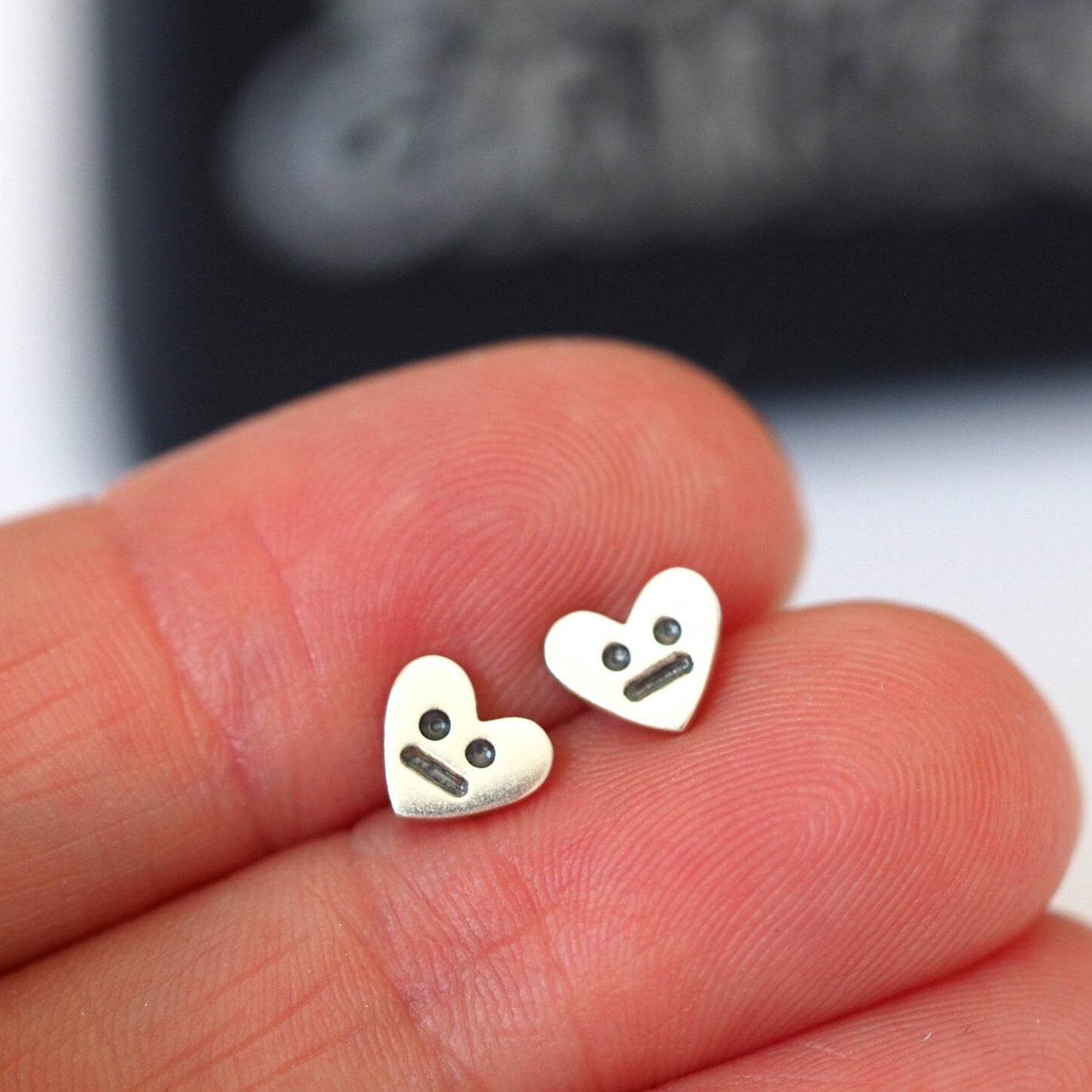 Grumpy Face Heart Studs