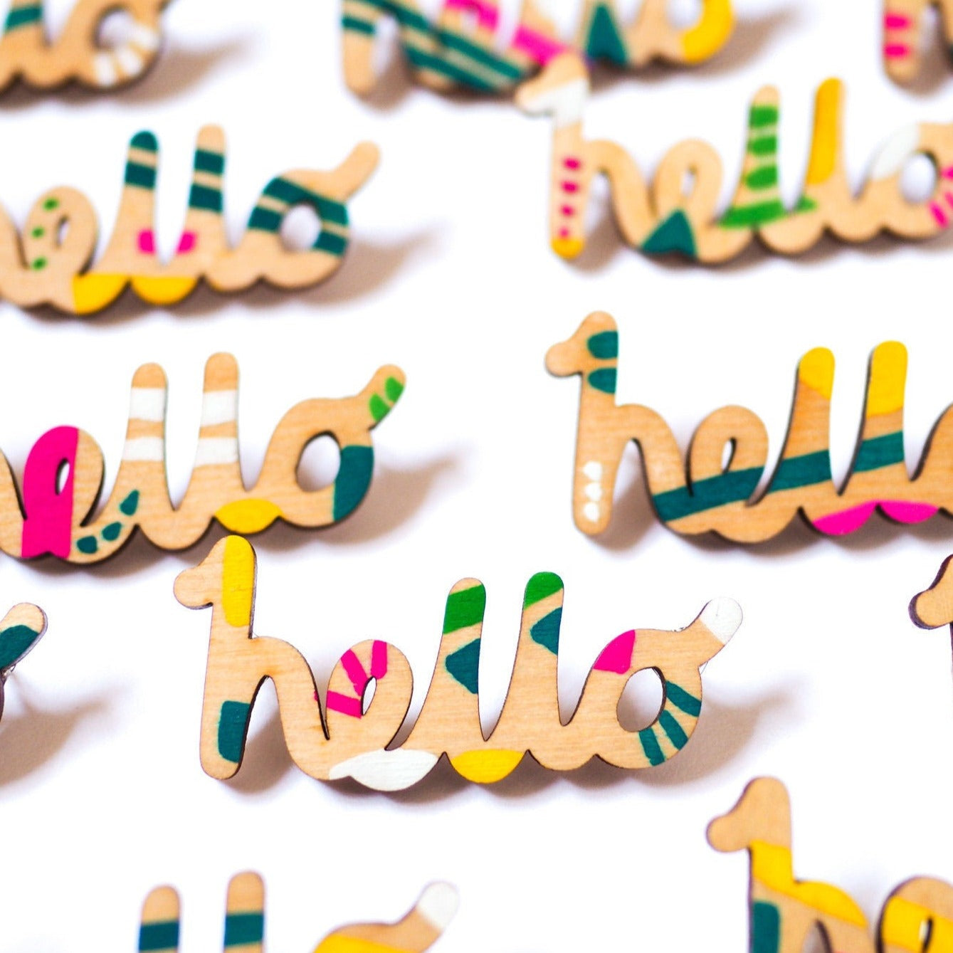 Hello Brooch - Hand painted wood