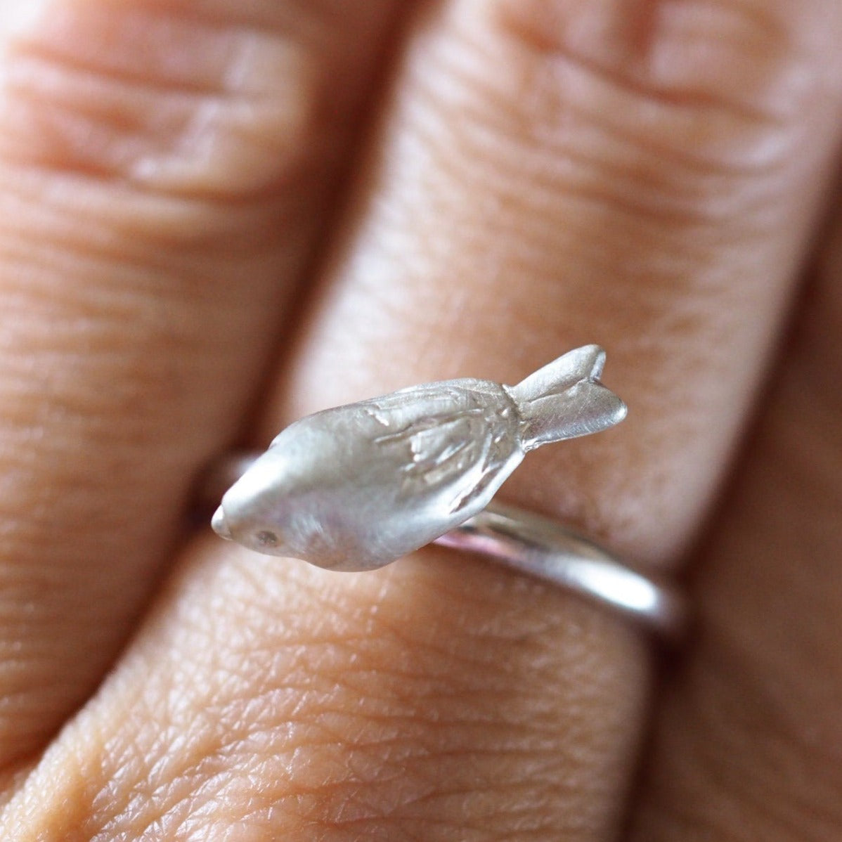 Bird Ring - Recycled Sterling Silver, White Diamond Eyes