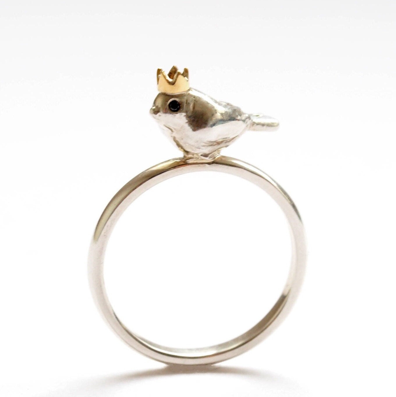 Bird King Ring - Recycled Sterling Silver, Black Diamonds, 9ct Yellow Gold Crown