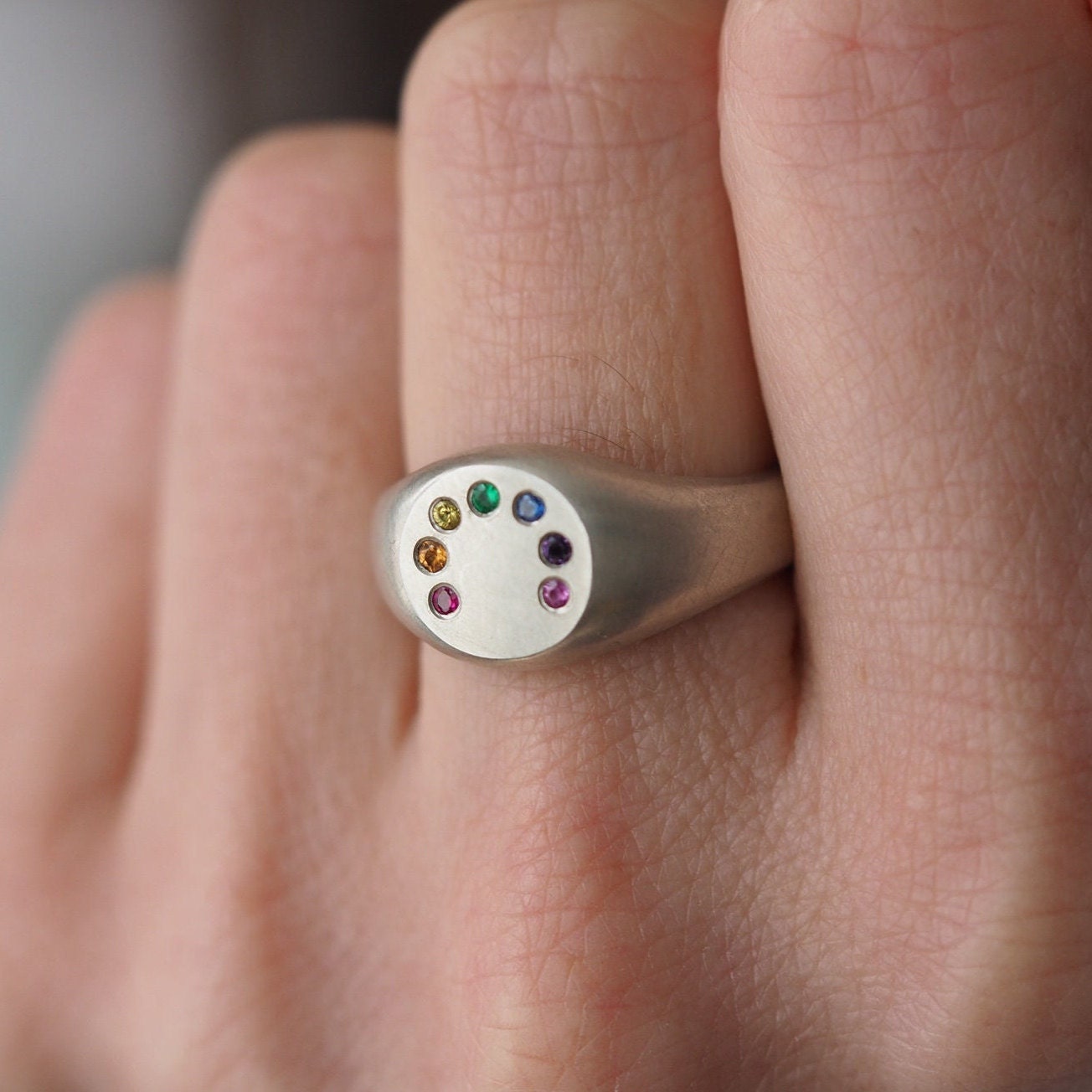 Rainbow Signet Ring - Sterling Silver and Precious Stones