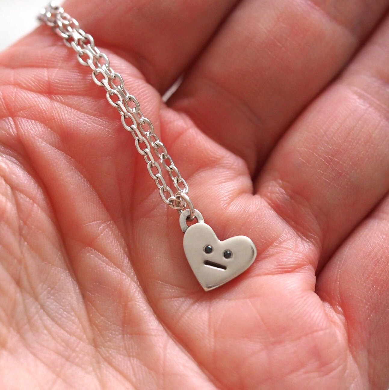 Grumpy Heart Necklace - Sterling Silver and Black Diamonds