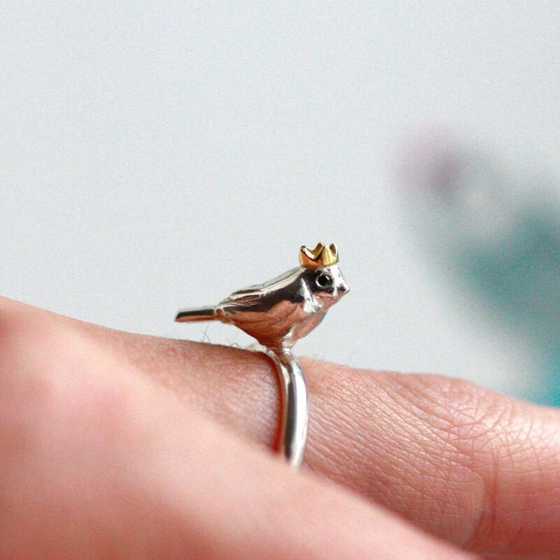 Bird King Ring - Recycled Sterling Silver, Black Diamonds, 9ct Yellow Gold Crown