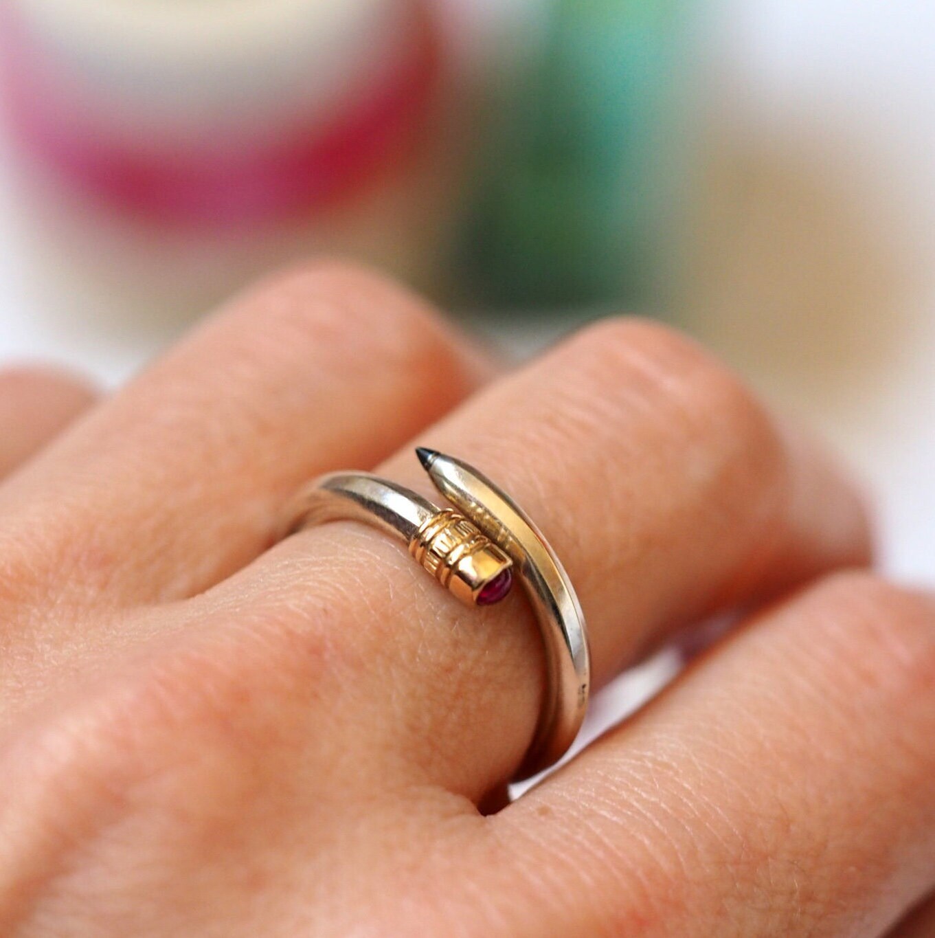 Pencil Ring - Silver, Gold and Ruby