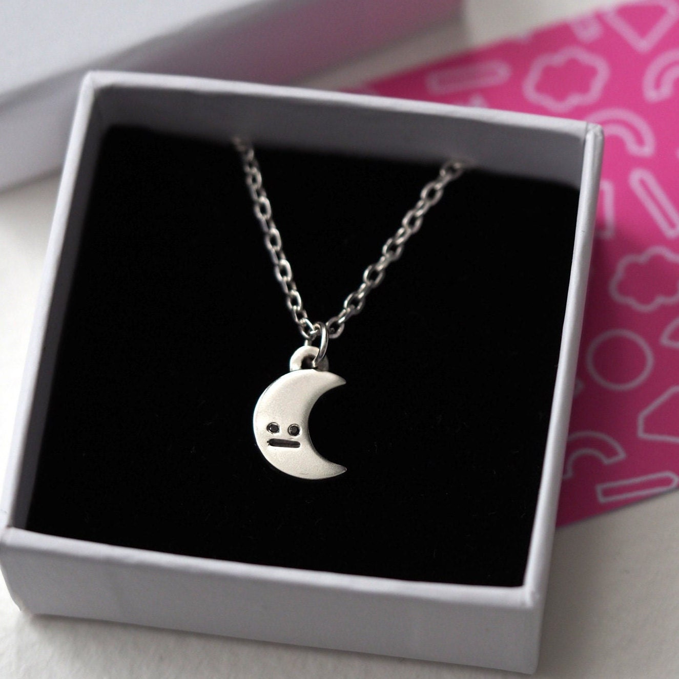 Crescent Moon Necklace - Recycled Sterling Silver and Black Diamonds