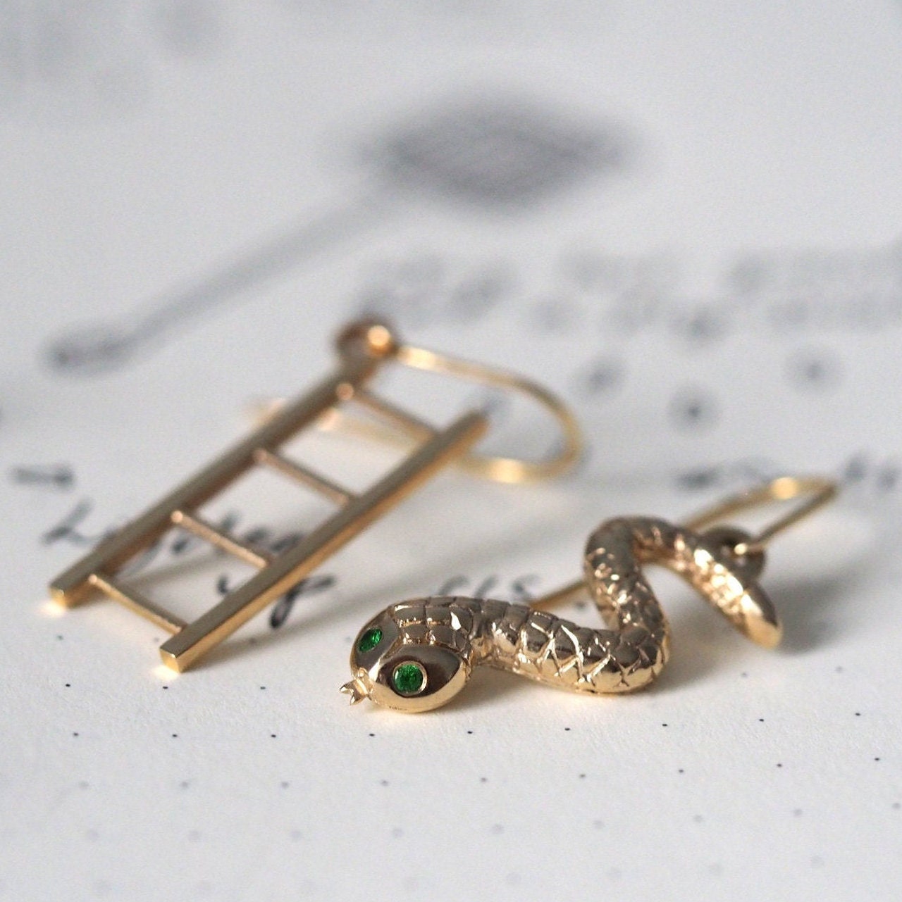 Snake and Ladder Earrings -  Recycled Sterling Silver and Tsavorite Garnets
