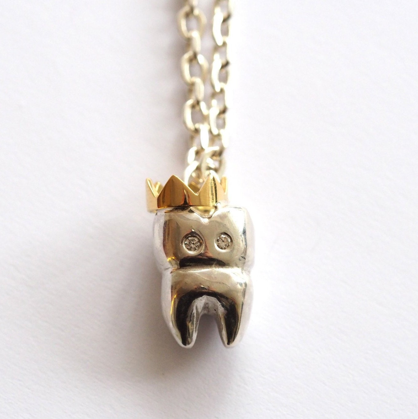 Crowned Tooth Necklace - Sterling Silver, Gold and Diamonds