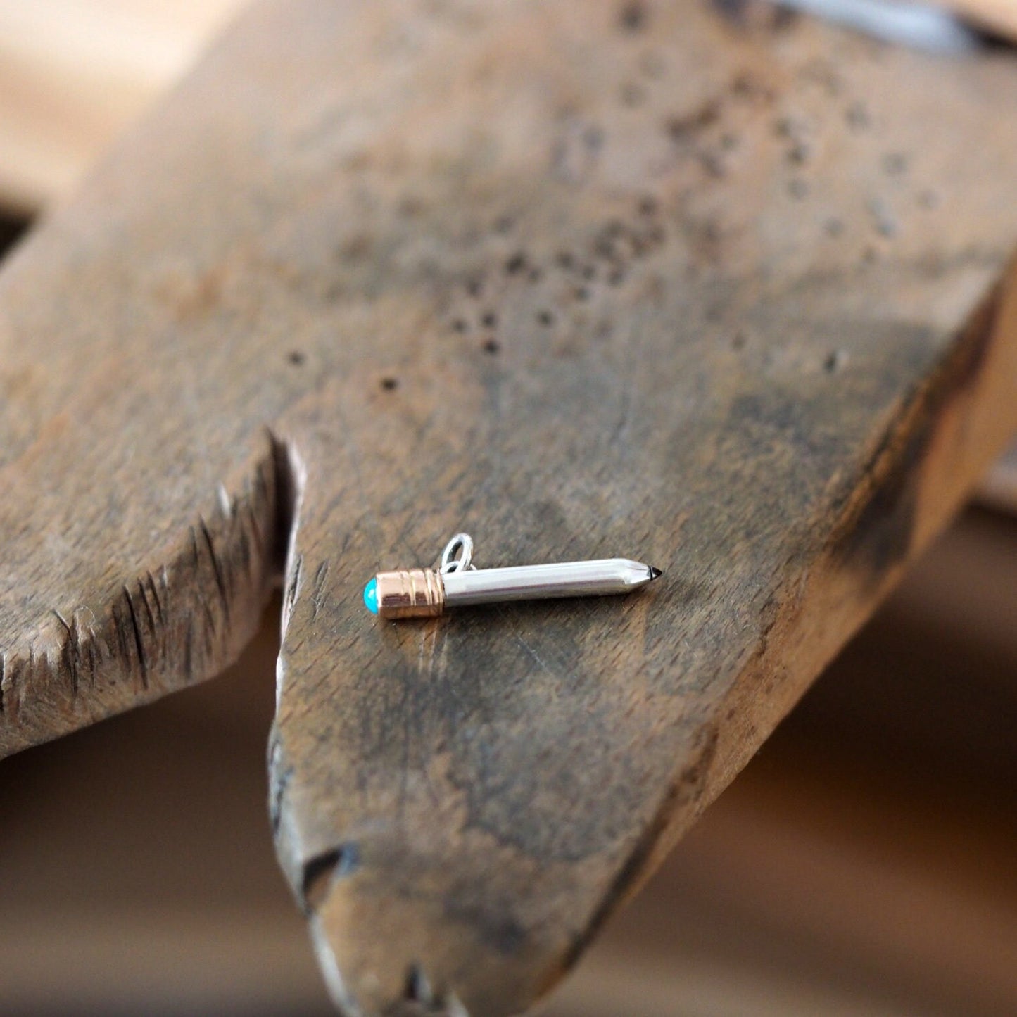 Dinky Pencil Charm - Recycled Sterling Silver, Gold and Cabochon Stone.